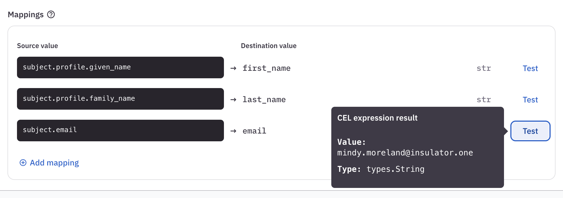 Account provisioning setup drawer with CEL expressions added to the three required mapping fields and a tooltip showing the test information for the email field.