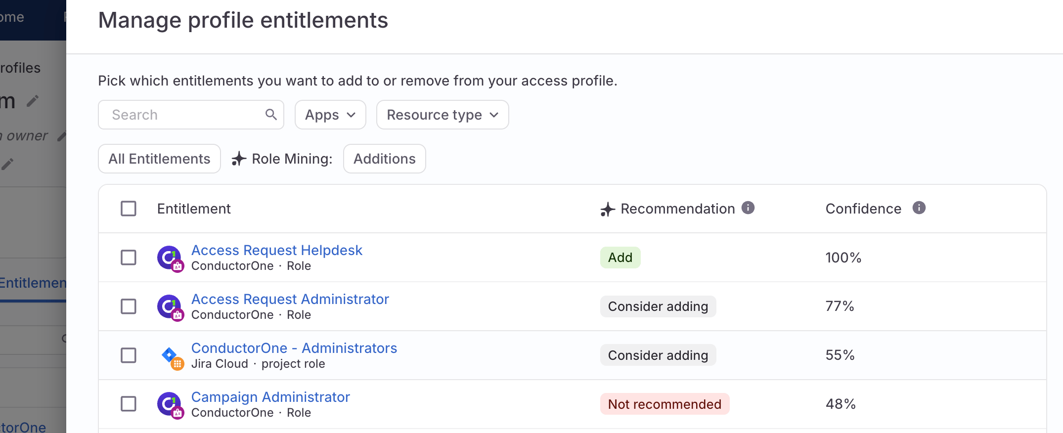 A screenshot of an access profile's manage entitlements drawer, showing entitlements tagged with a recommendation to add or consider adding to the profile.