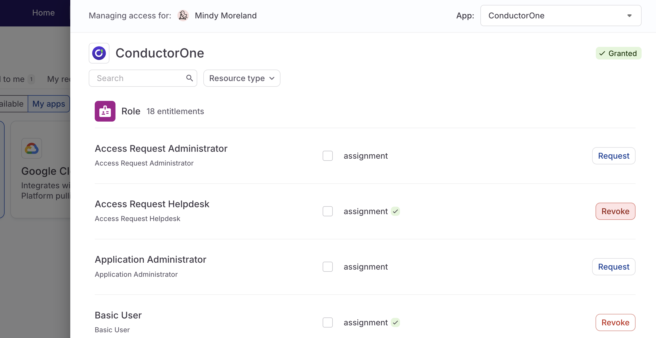 A screenshot of the App catalog tab with the Revoke button for a granted entitlement highlighted.