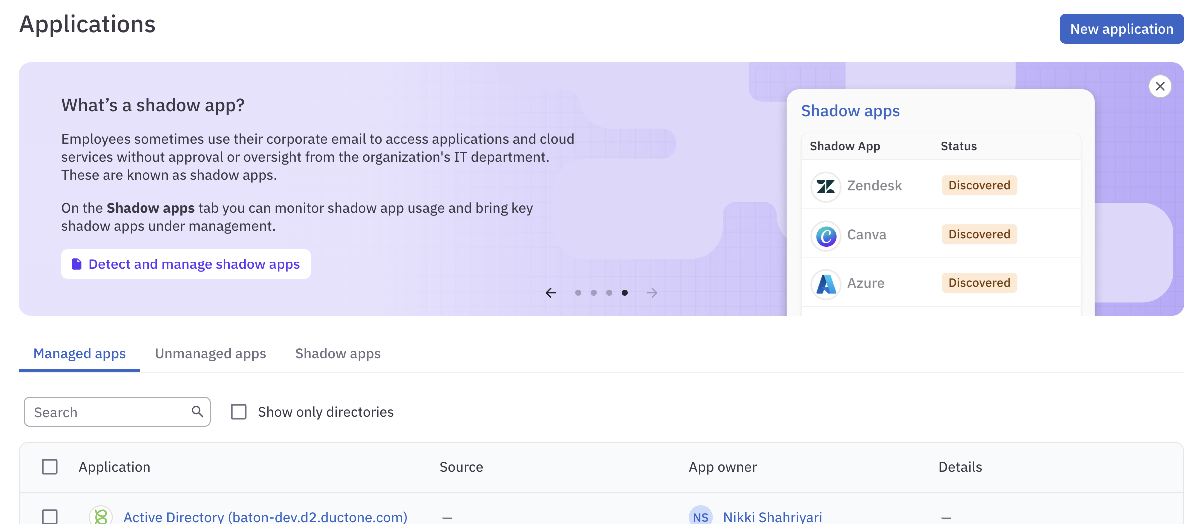 Applications page showing a guidance banner titled What is a shadow app?.