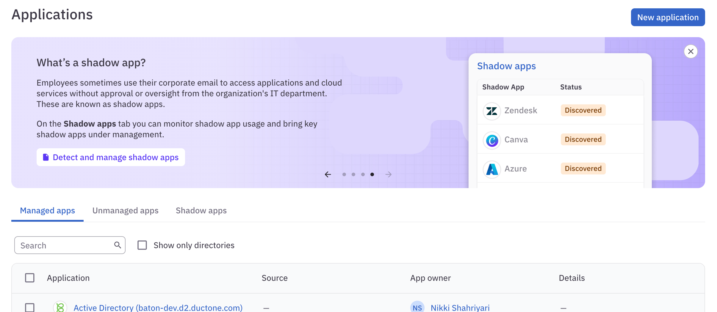 Applications page showing a guidance banner titled What is a shadow app?.