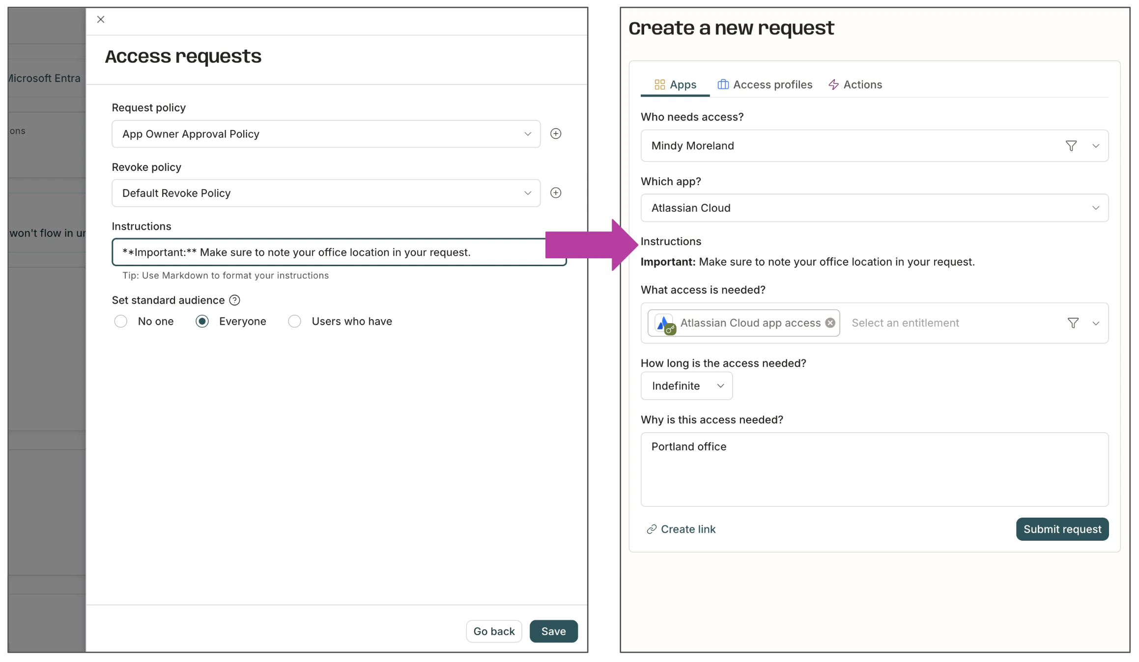 Two screenshots side by side, with the left one displaying the Instructions field on an app being filled out, and the right one showing those instructions on the Request access form.