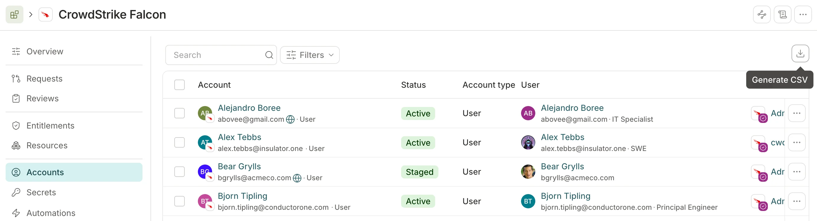 A screenshot of a Slack application's Accounts tab in C1.