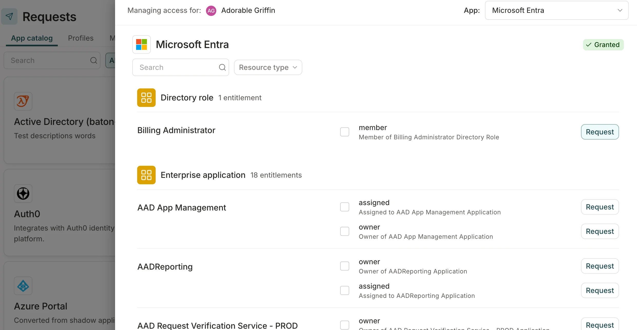 The app catalog tab page showing available entitlements with one entitlement selected.