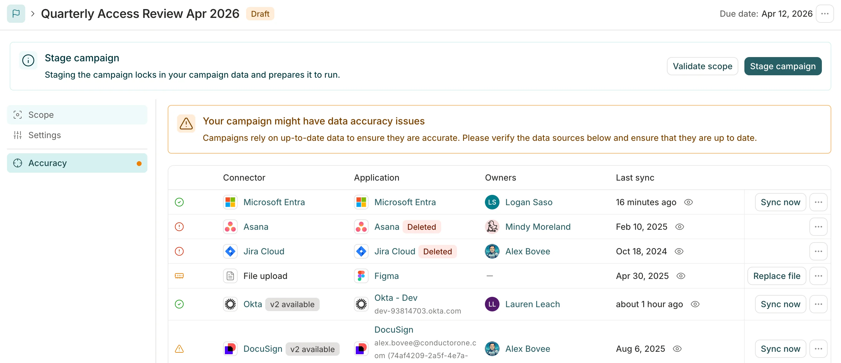 A screenshot of the Accuracy tab of a campaign in C1, showing the Your campaign might have data accuracy issues banner and the Data sources table.