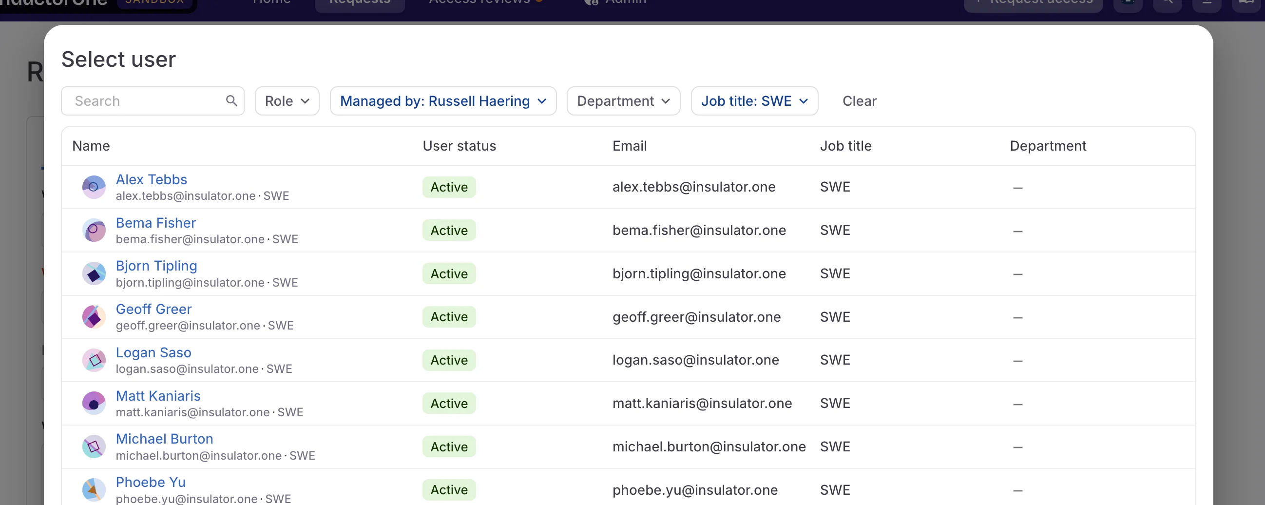 A screenshot of a user selection modal, showing the managed by and job title fields in use.