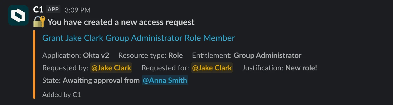 The Slack app showing the New request form with the Submit button.