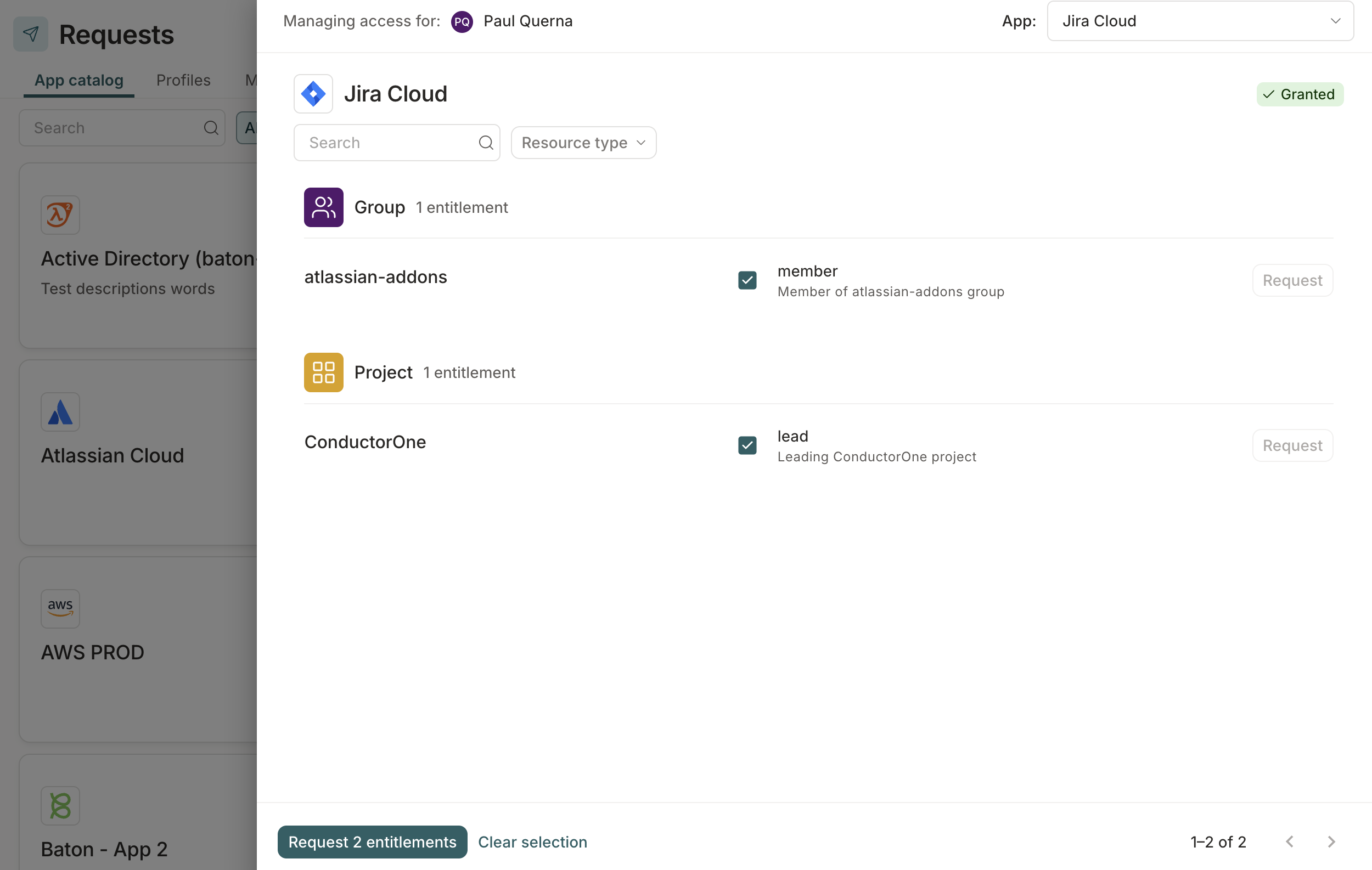 The app catalog tab page showing available entitlements with two entitlements selected and the bulk selection button visible.