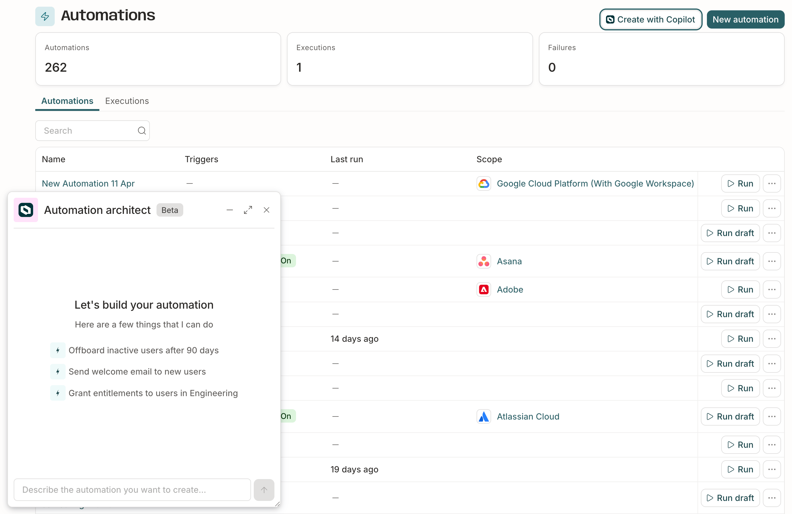 The Automations page showing the Create with Automation assistant button highlighted and the Automation assistant panel open.