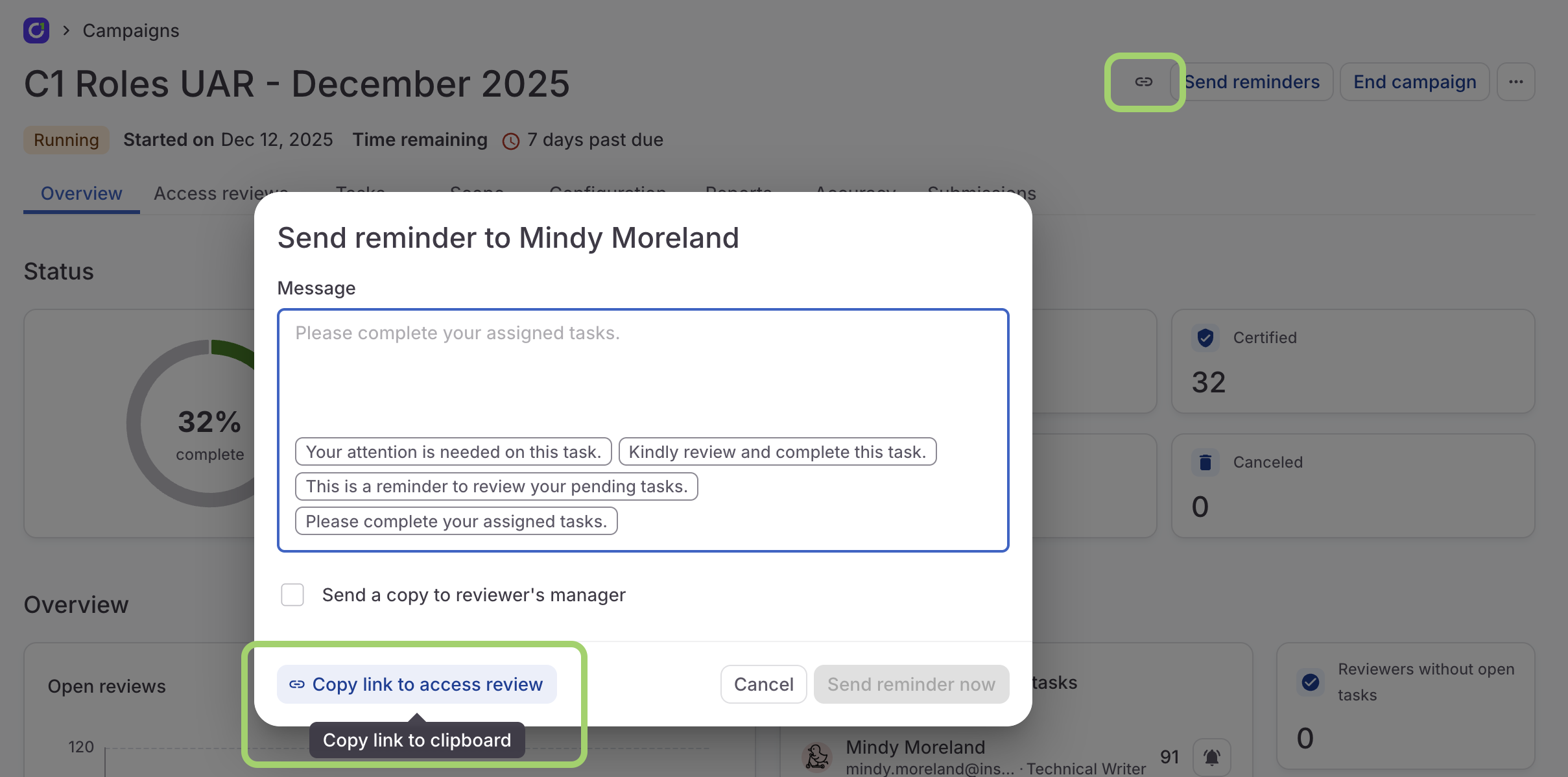A screenshot of a campaign's Overview tab with the links to the campaign in the header and in the open send reminder modal highlighted.