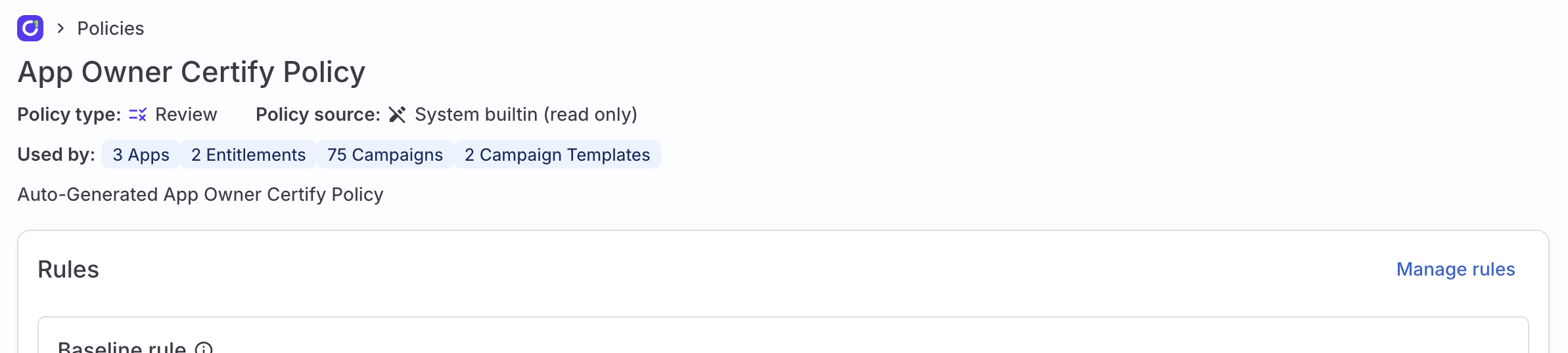 A screenshot of the top of a policy details page, showing that the policy is applied to 3 apps, 2 entitlements, 75 campaigns, and 2 campaign templates.