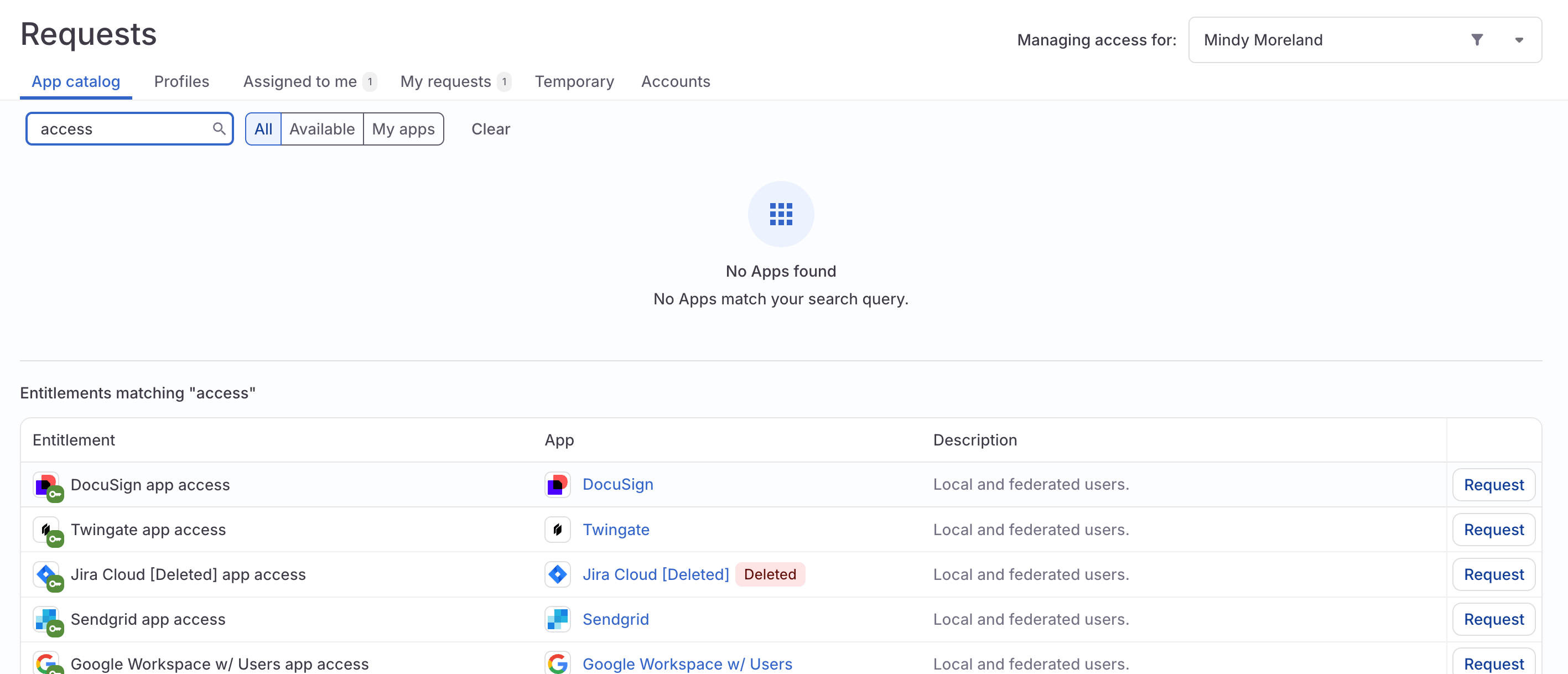 A screenshot of the Requests page showing the App catalog tab selected and a search for the term 'access' returning multiple entitlements from various apps.