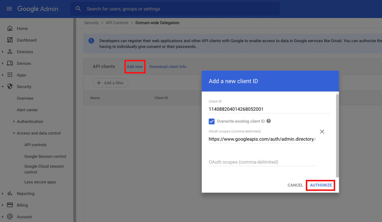 The Authorize button on the domain-wide delegation form