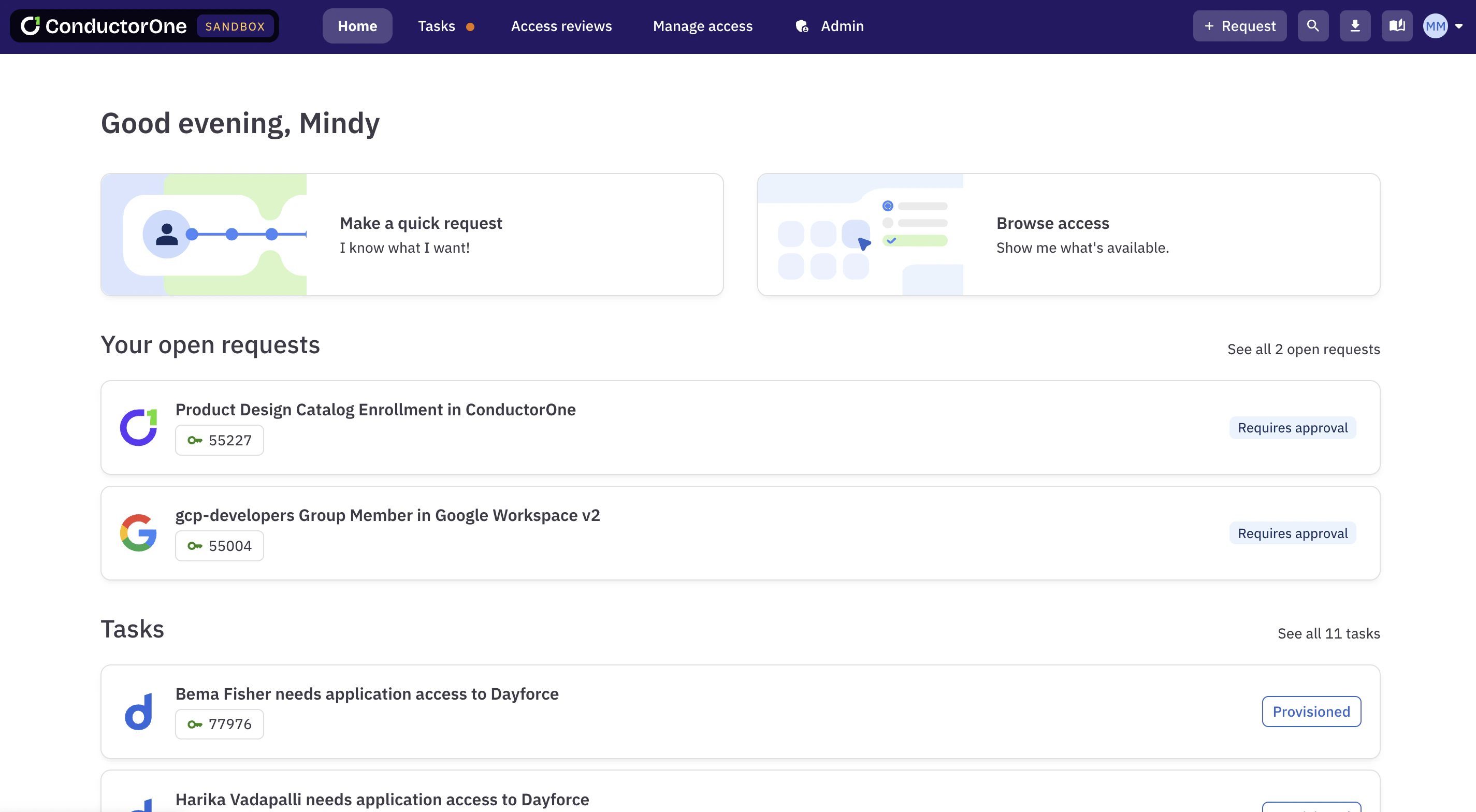 Manage access page showing the redesigned tabs and the user selector option.