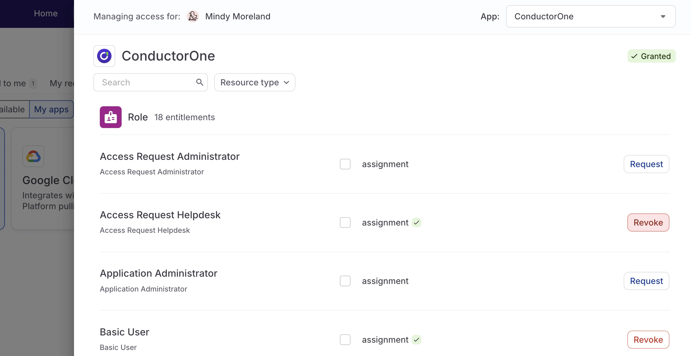 A screenshot of the App catalog tab with the Revoke button for a granted entitlement highlighted.