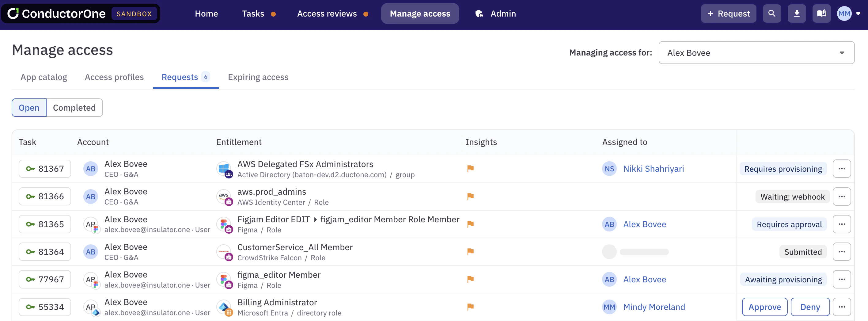 Manage access page showing the redesigned tabs and the user selector option.