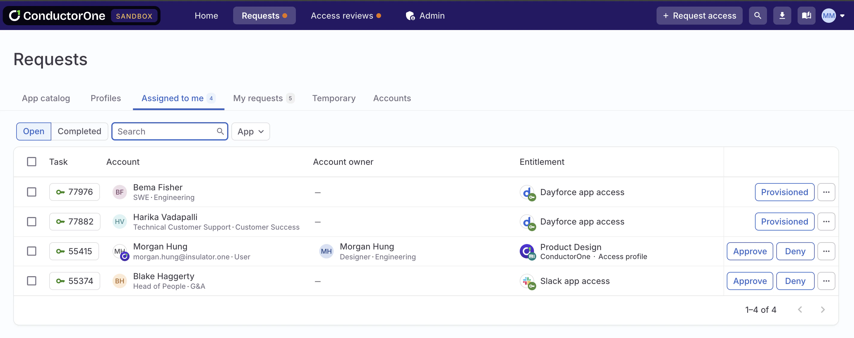 The end user Requests page showing the Assigned to me tab with four tasks.