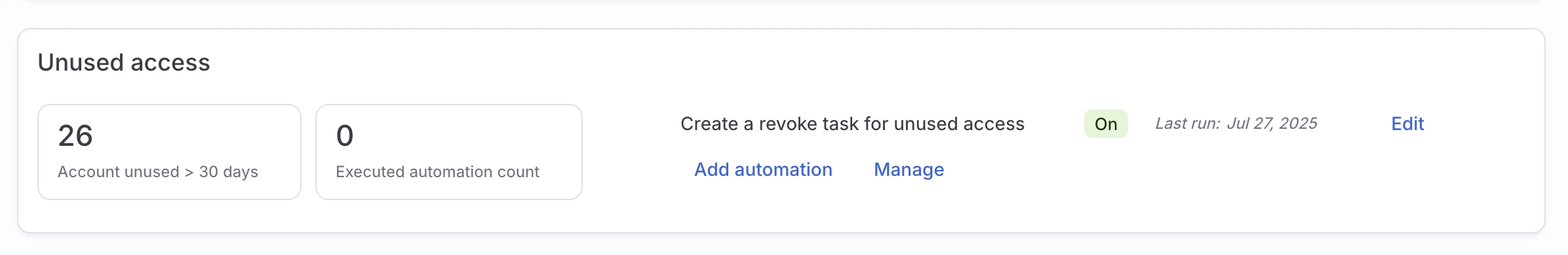 The Unused access section of an app's details page, showing an automation that creates a revoke task for unused access.