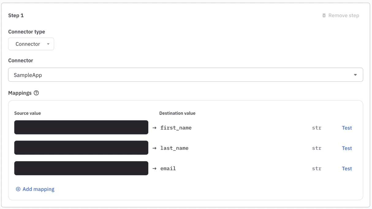 Account provisioning setup drawer with three required mapping fields shown.