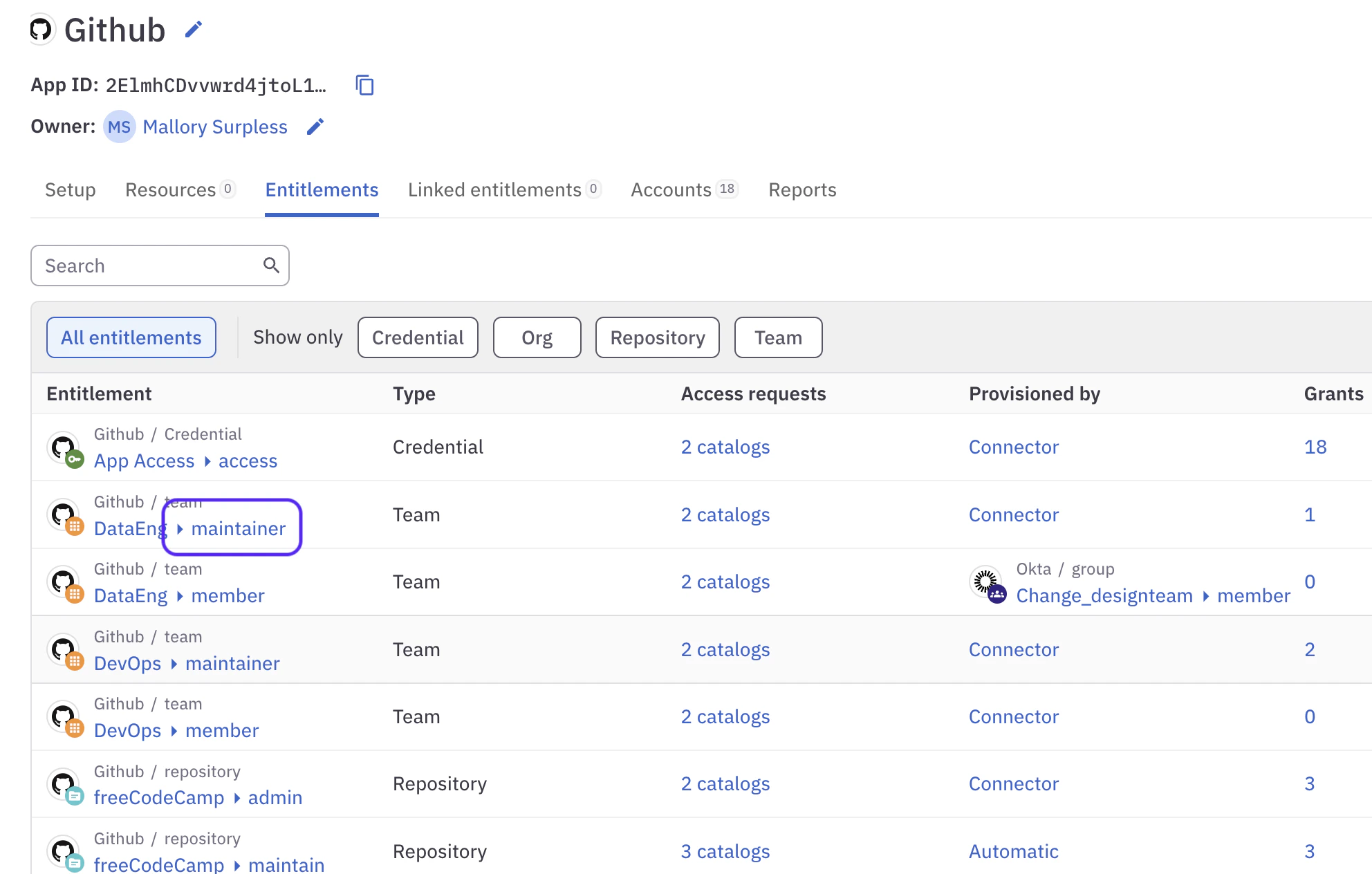 The GitHub application's Entitlements tab, showing individual entitlement summaries.