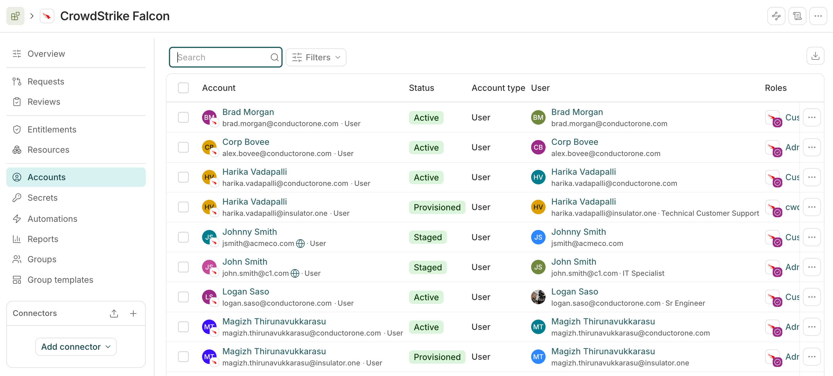 A screenshot of a Slack application's Accounts tab in C1.