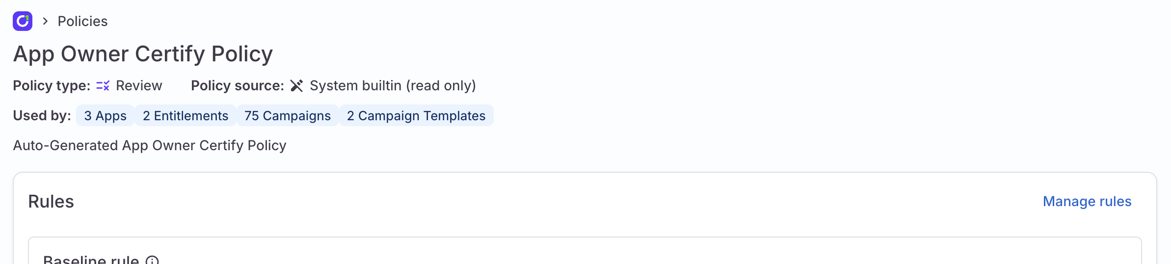 A screenshot of the top of a policy details page, showing that the policy is applied to 3 apps, 2 entitlements, 75 campaigns, and 2 campaign templates.