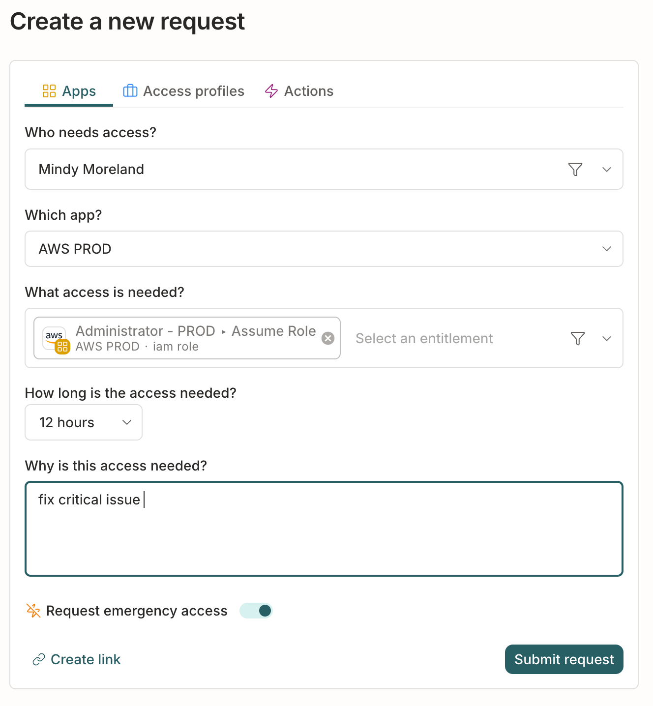 A completed request access form in C1 for 1 hour of access to an AWS admin role, showing the emergency access toggle present and enabled.