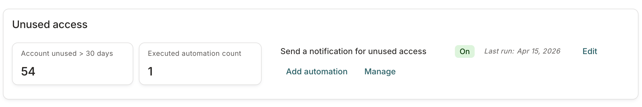 The Unused access section of an app's details page, showing an automation that creates a notification task for unused access.