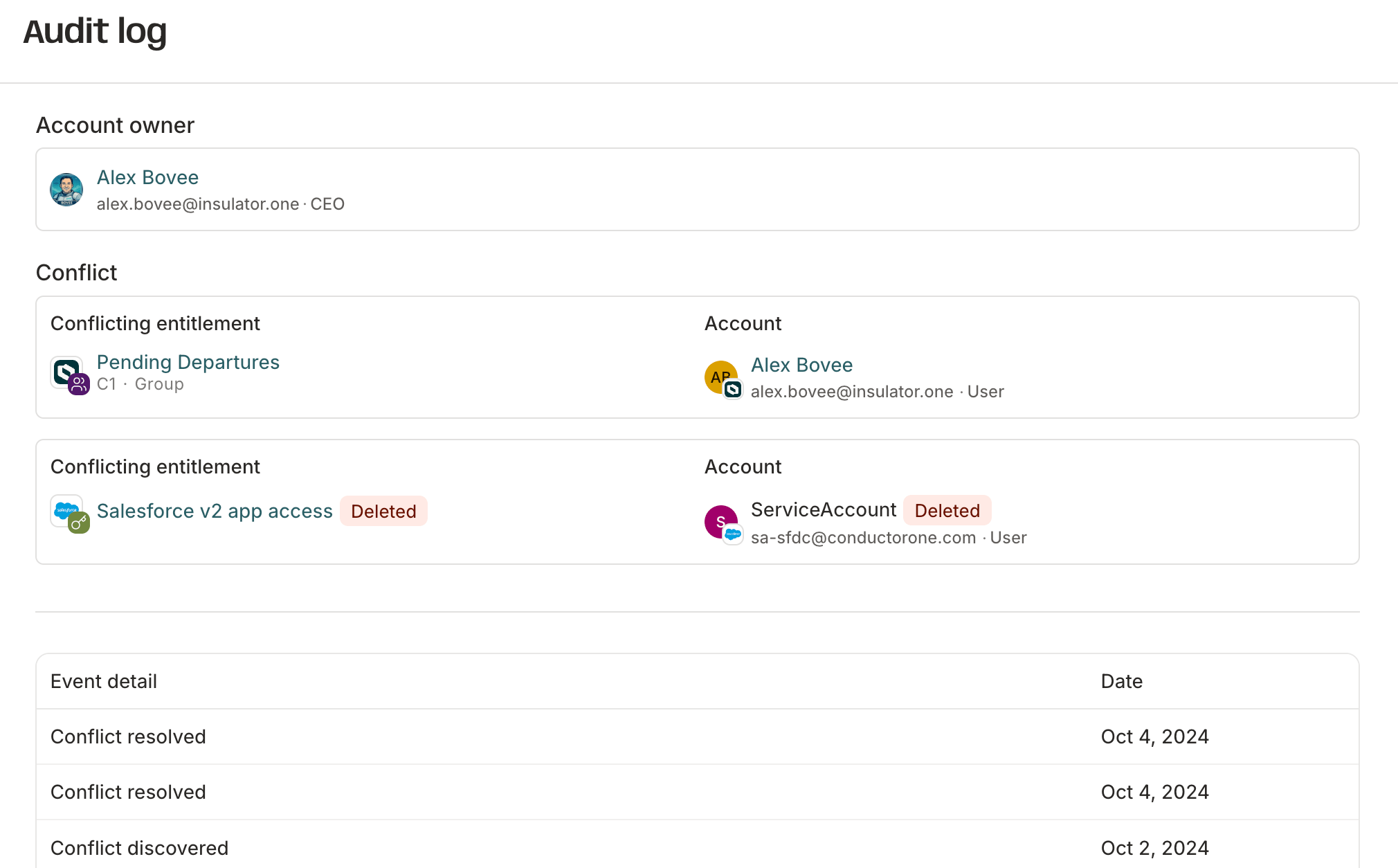 An audit log for a conflict monitor alert.