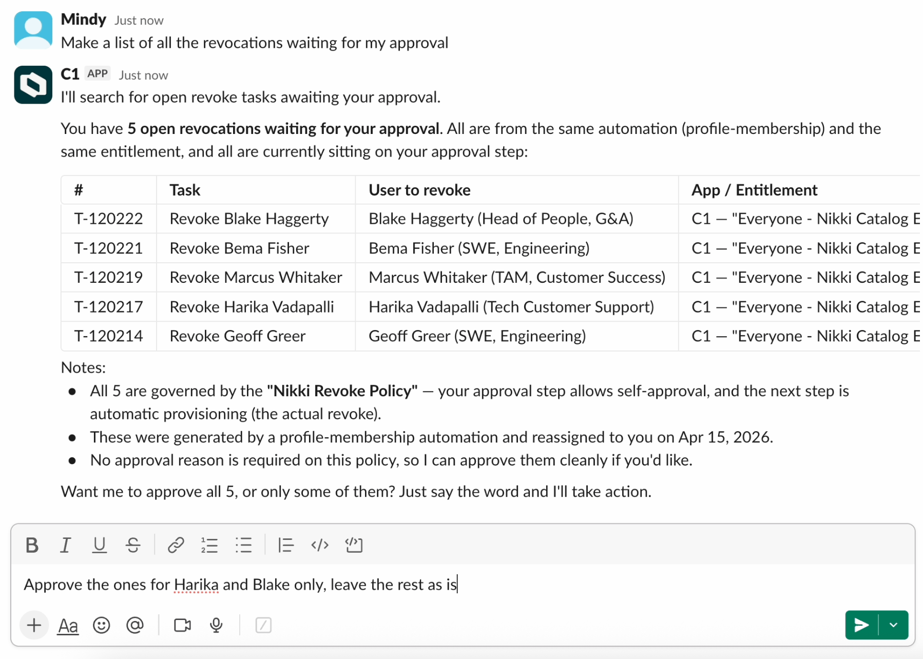 The Slack assistant being asked for a list of open revocation tasks, and the returned results.