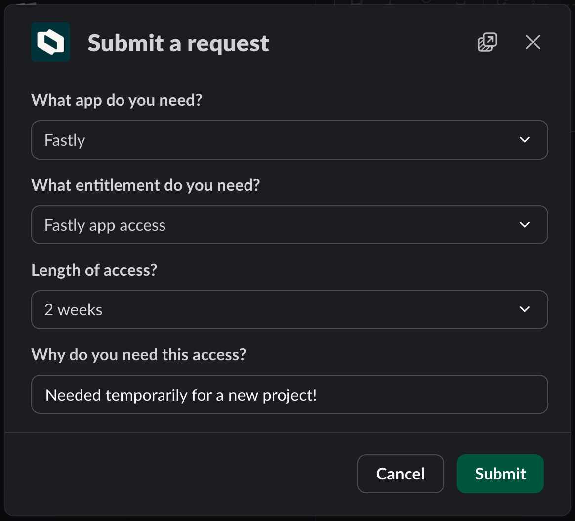 The C1 app for Slack showing the Submit a Request form.