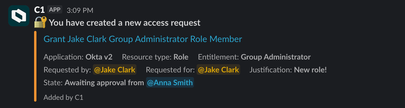 The C1 app for Slack showing the New request form with the Submit button.