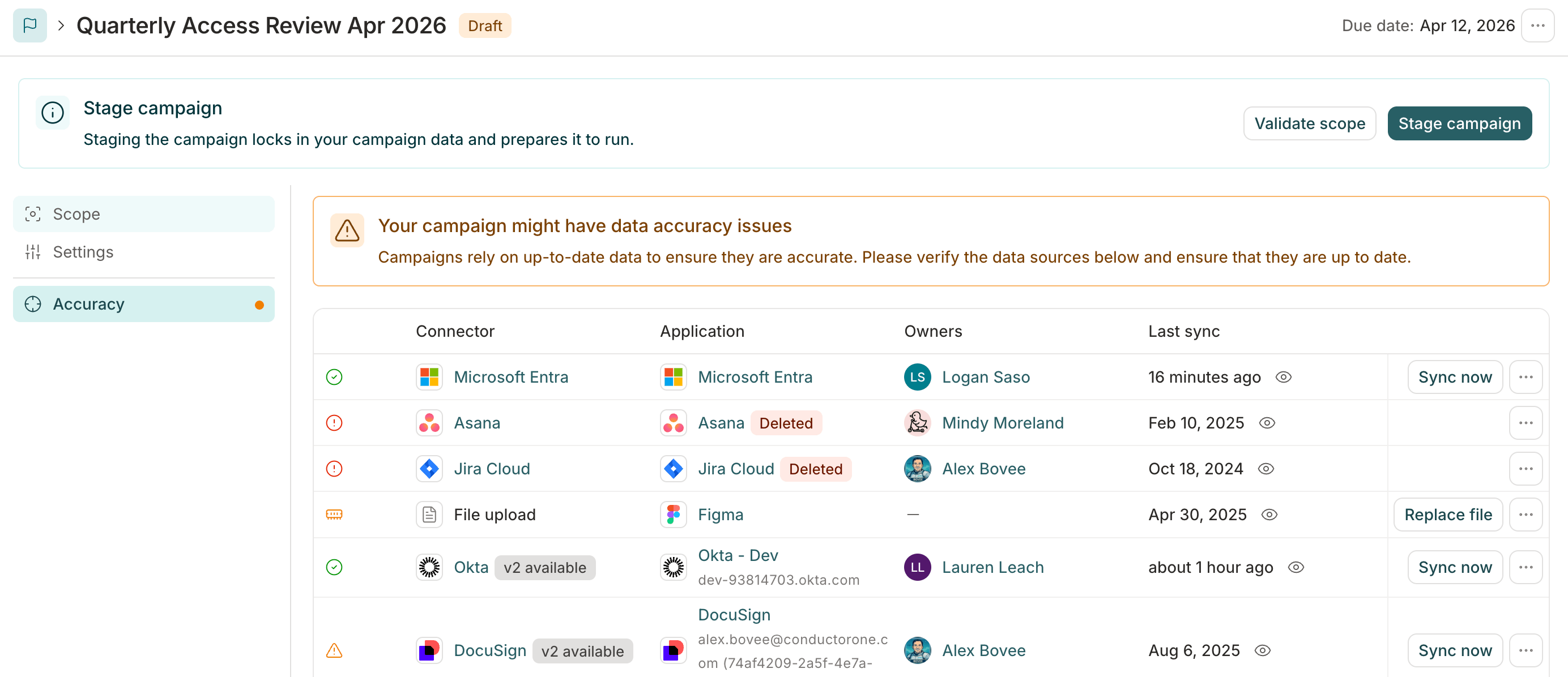 A screenshot of the Accuracy tab of a campaign in C1, showing the Your campaign might have data accuracy issues banner and the Data sources table.
