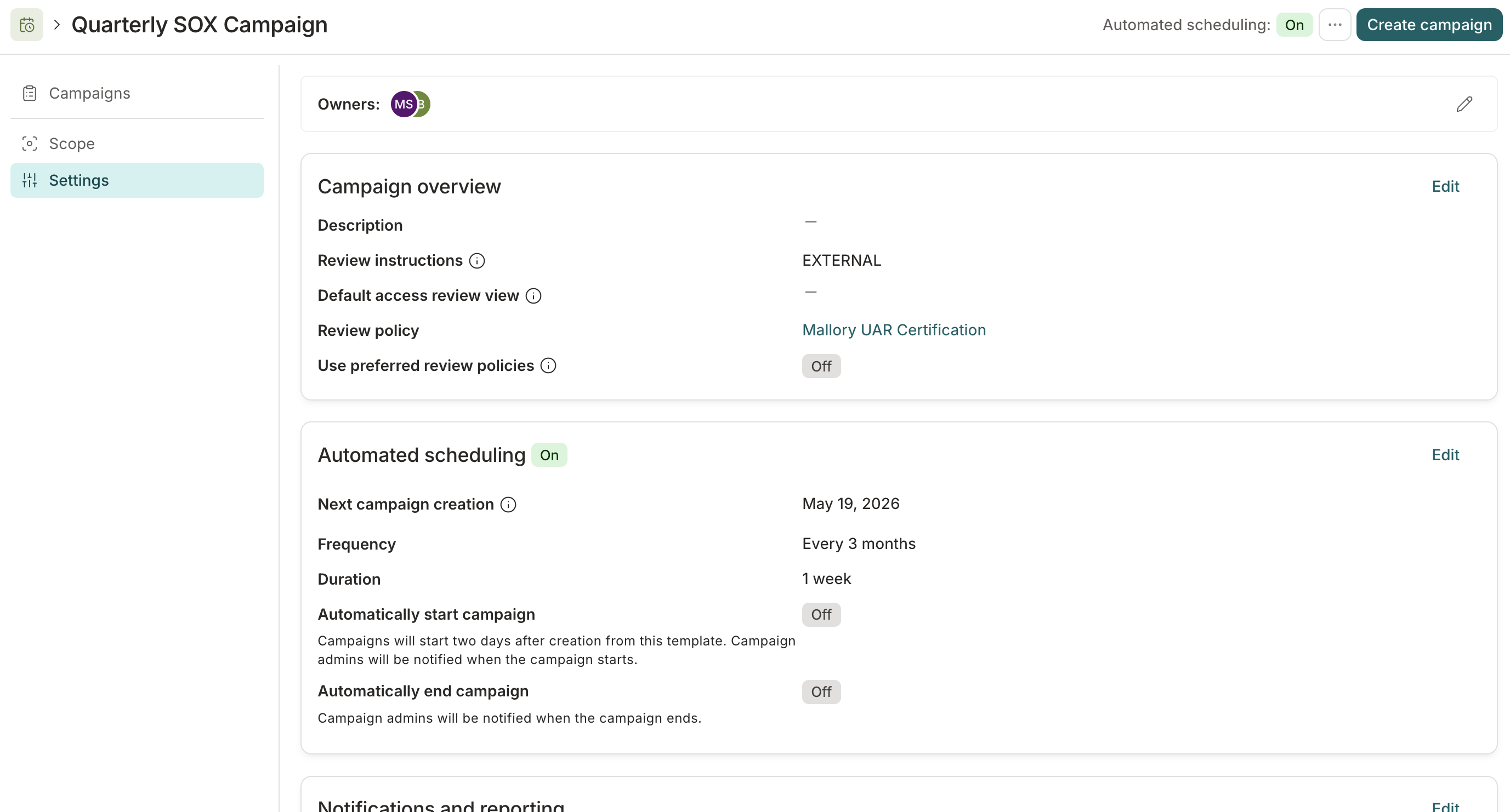 A screenshot of the Campaigns page in C1, showing the Campaign templates tab with a campaign template for a weekly access review campaign.