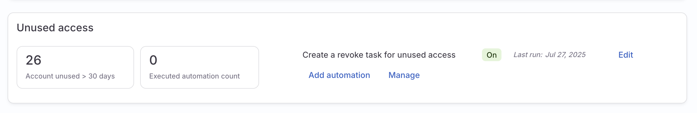 The Unused access section of an app's details page, showing an automation that creates a revoke task for unused access.