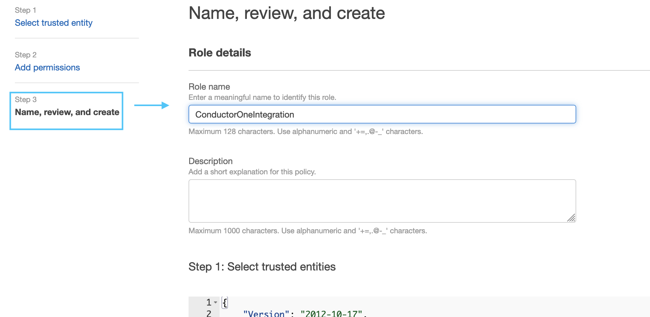 Detail view of the ConductorOneIntegration role, with the Role ARN copy function shown displaying ARN Copied.