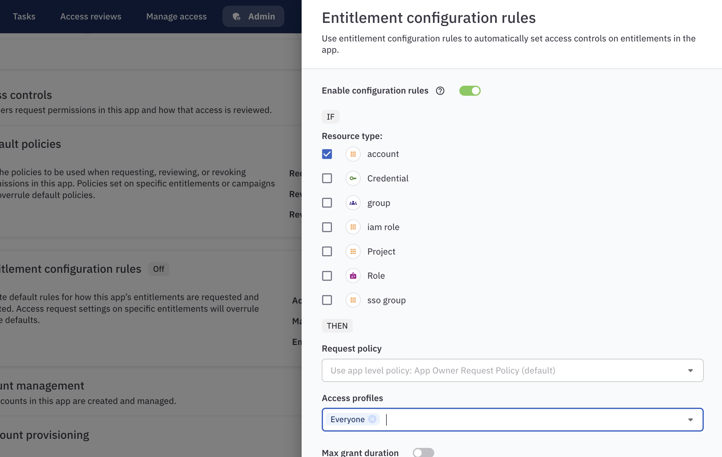 The access request configuration rules panel in ConductorOne showing the form filled out as described in the instructions above.