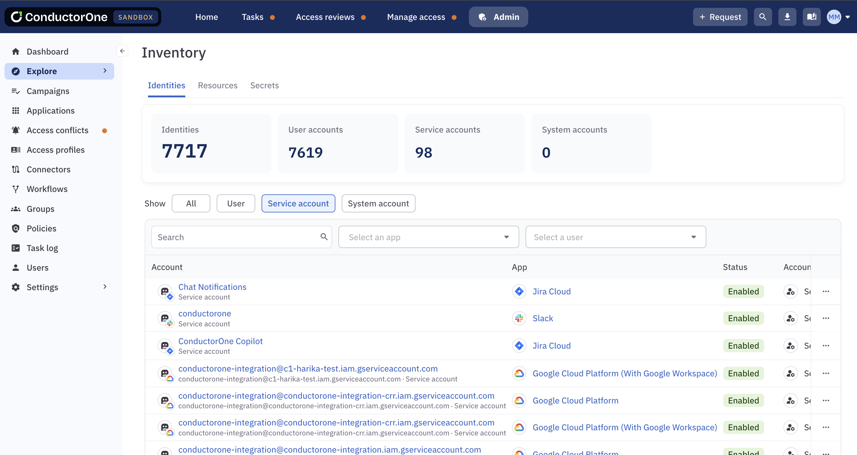 A screenshot of the Inventory page, showing the Identities tab with the service accounts filter engaged.