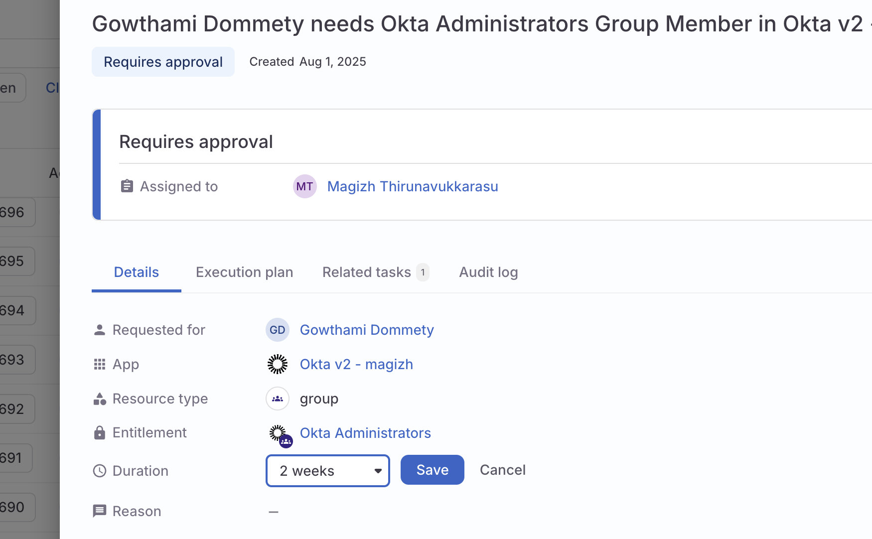 A screenshot of a request task in the ConductorOne UI, showing the duration field in its active edit state.