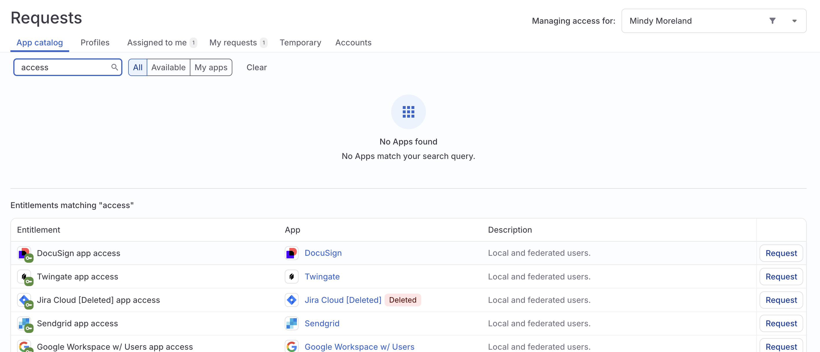 A screenshot of the Requests page showing the App catalog tab selected and a search for the term 'access' returning multiple entitlements from various apps.
