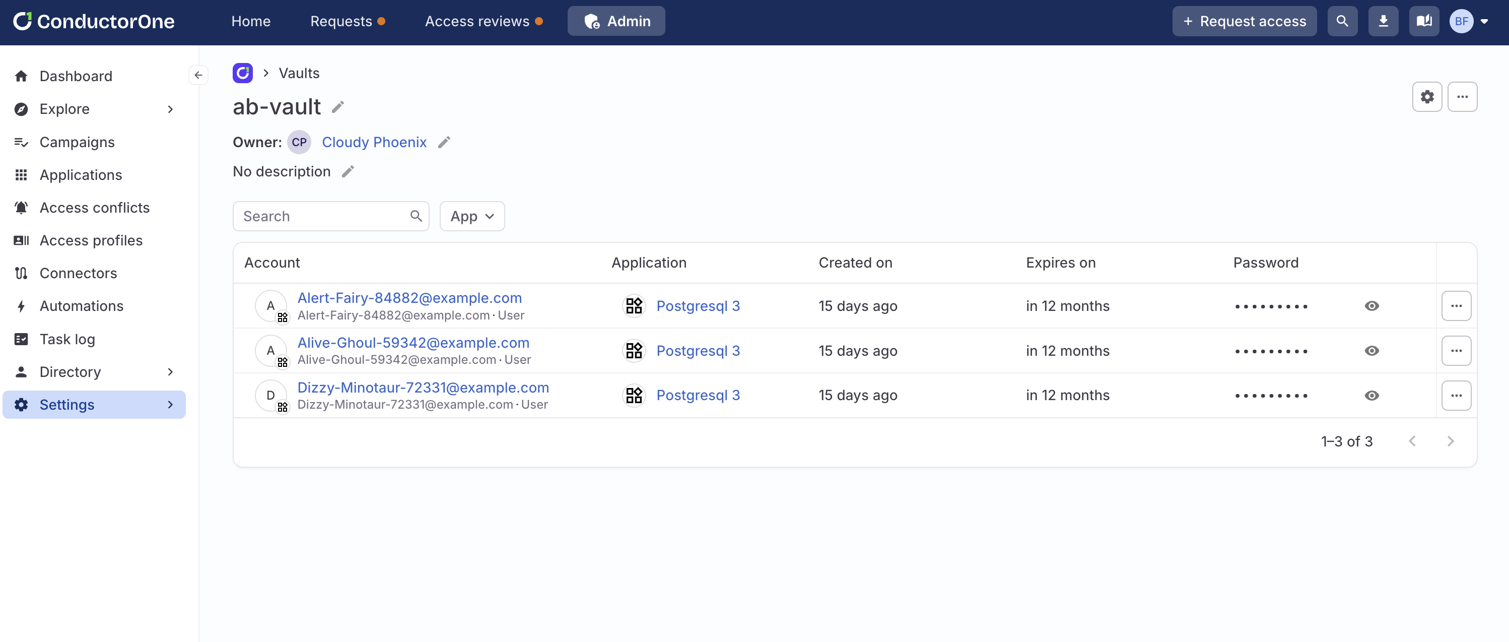 A vault's details view, showing three credentials.