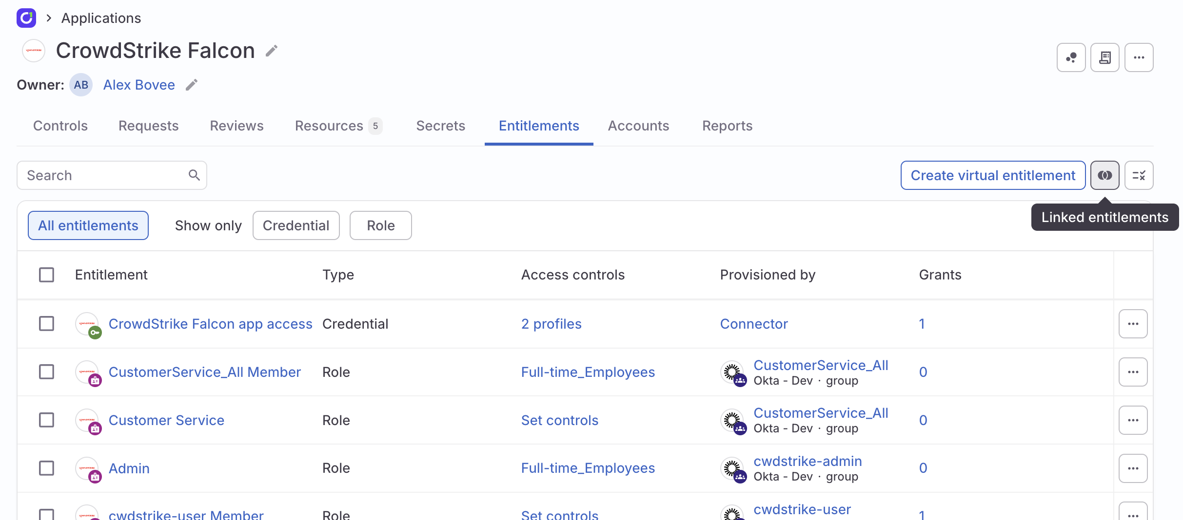 An application's Entitlements tab with the Linked entitlements button highlighted.