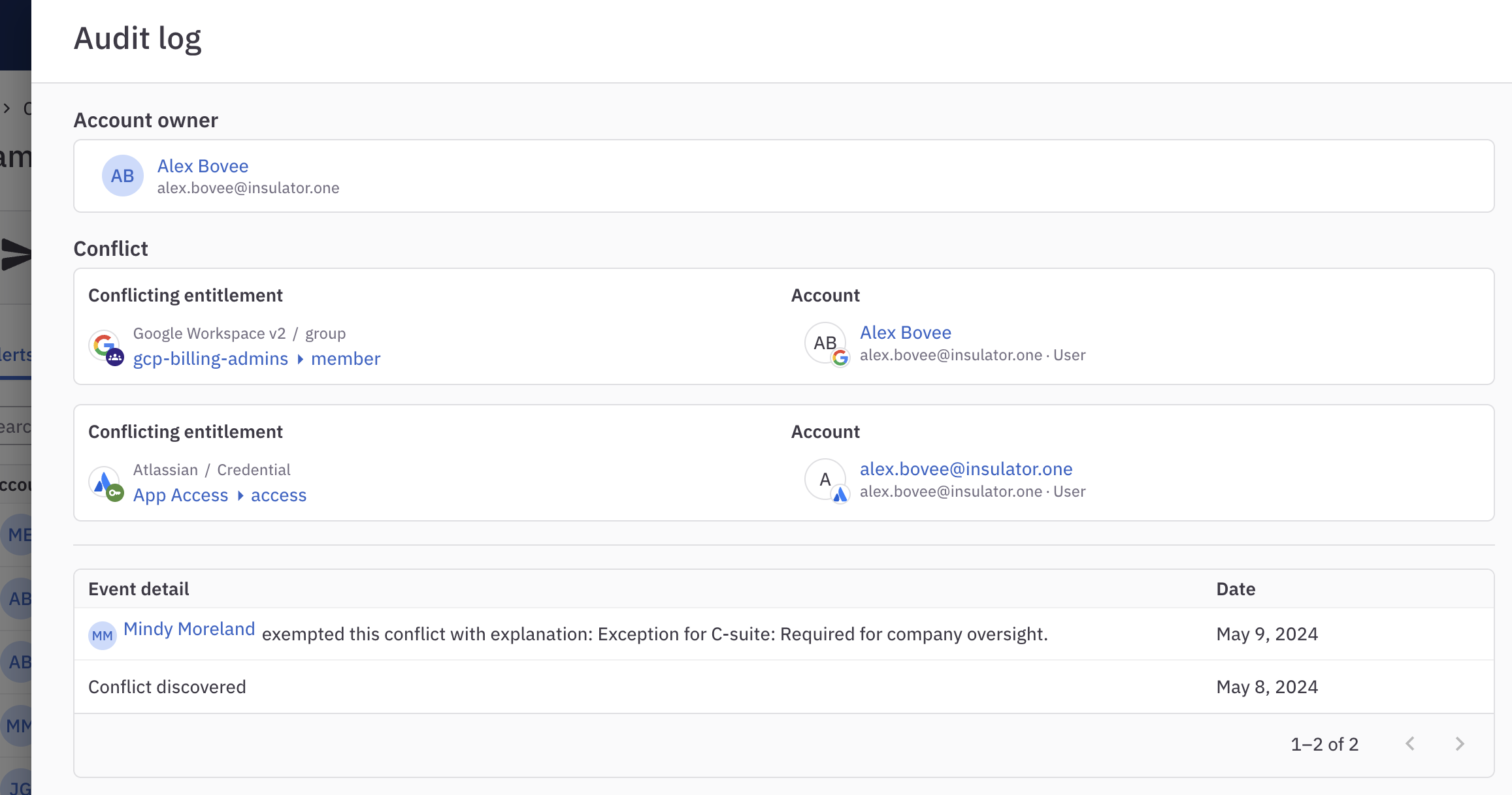 An audit log for a conflict monitor alert.