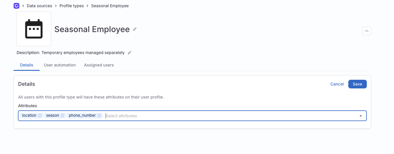 The details page of a profile type for seasonal employees, showing attributes being added.