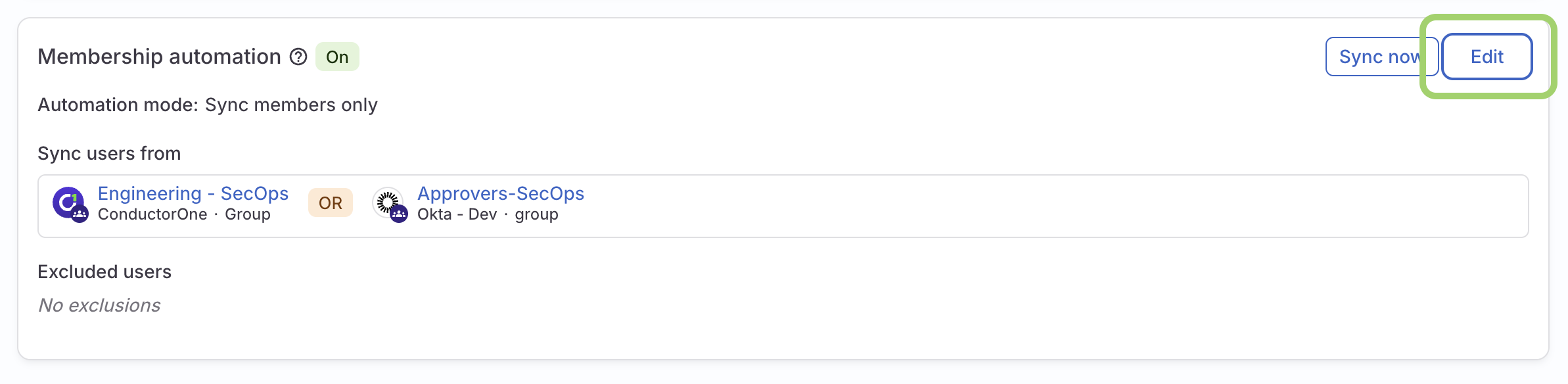 The membership automation summary area of the Controls tab, with a green box highlighting the Edit button.