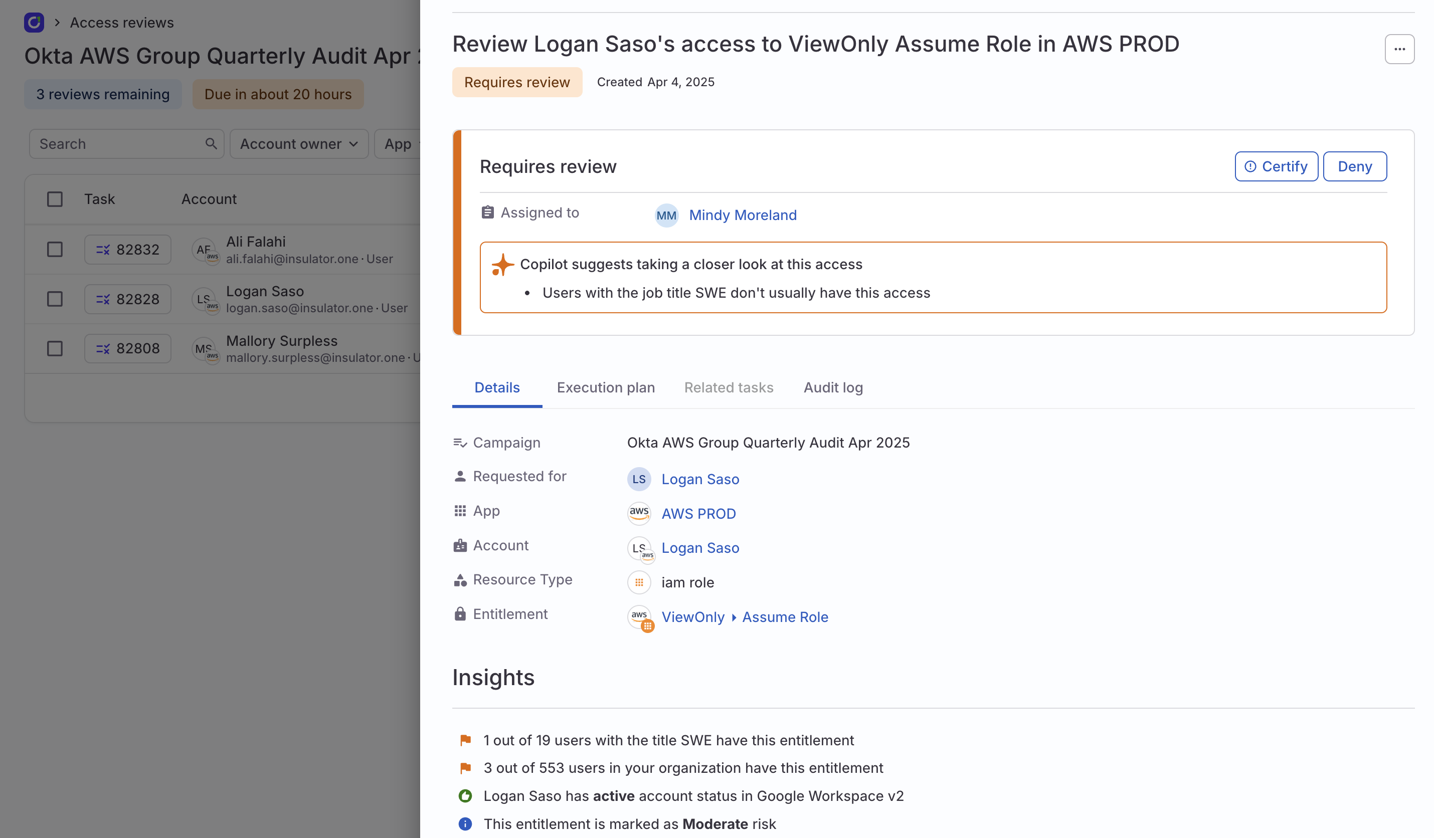 A review task's details screen showing a Copilot flag on an insight and a recommendation to take a closer look.
