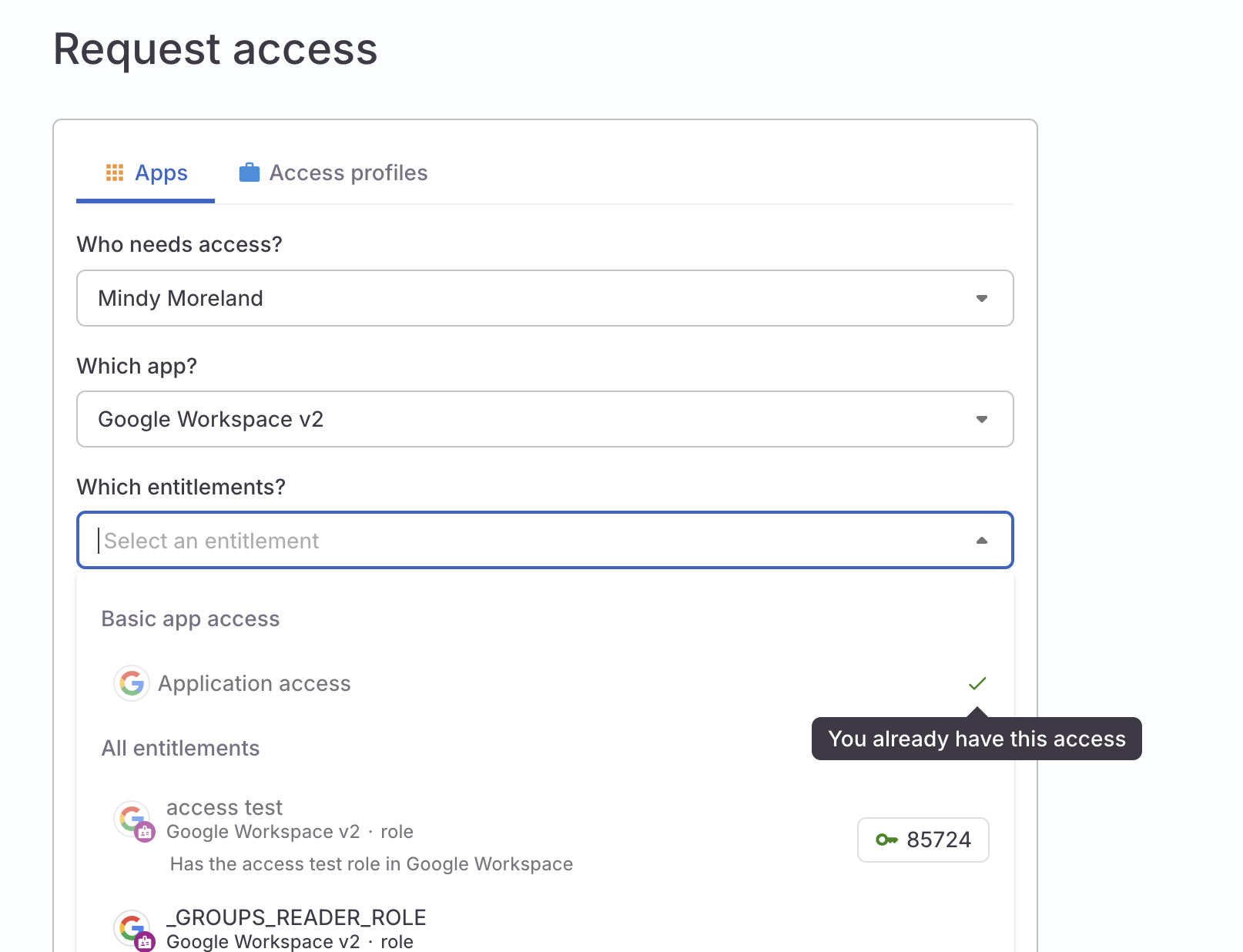 The request access page showing the basic app access and all entitlements options.