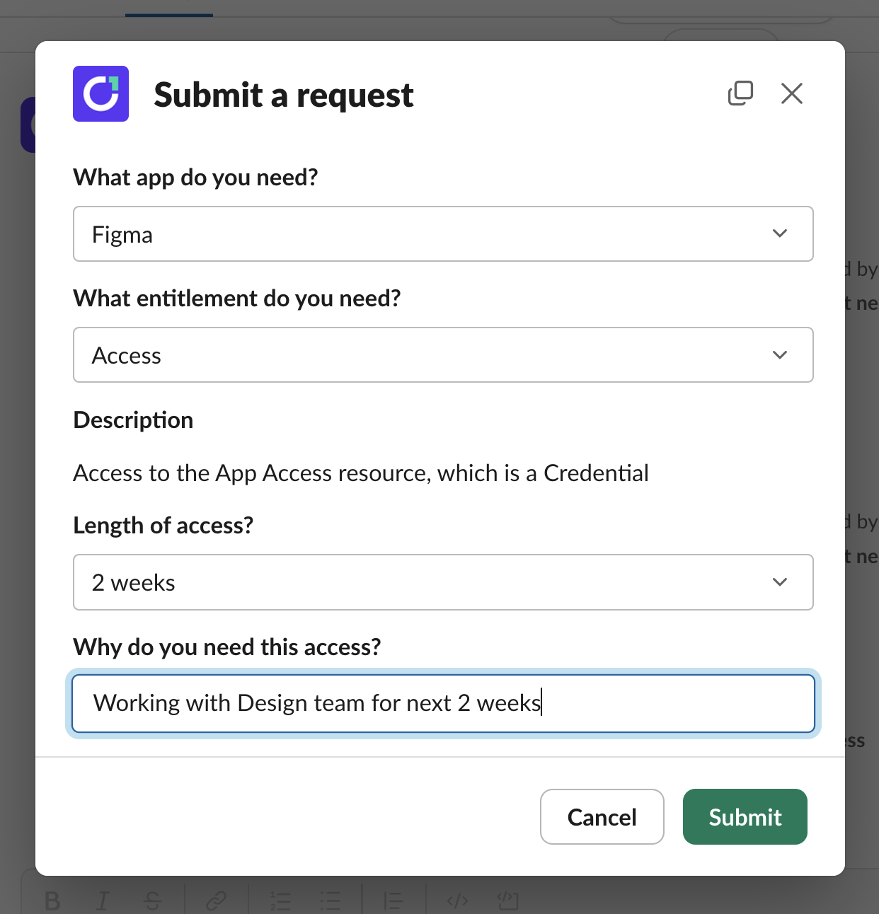 The Slack app showing the Submit a Request form.