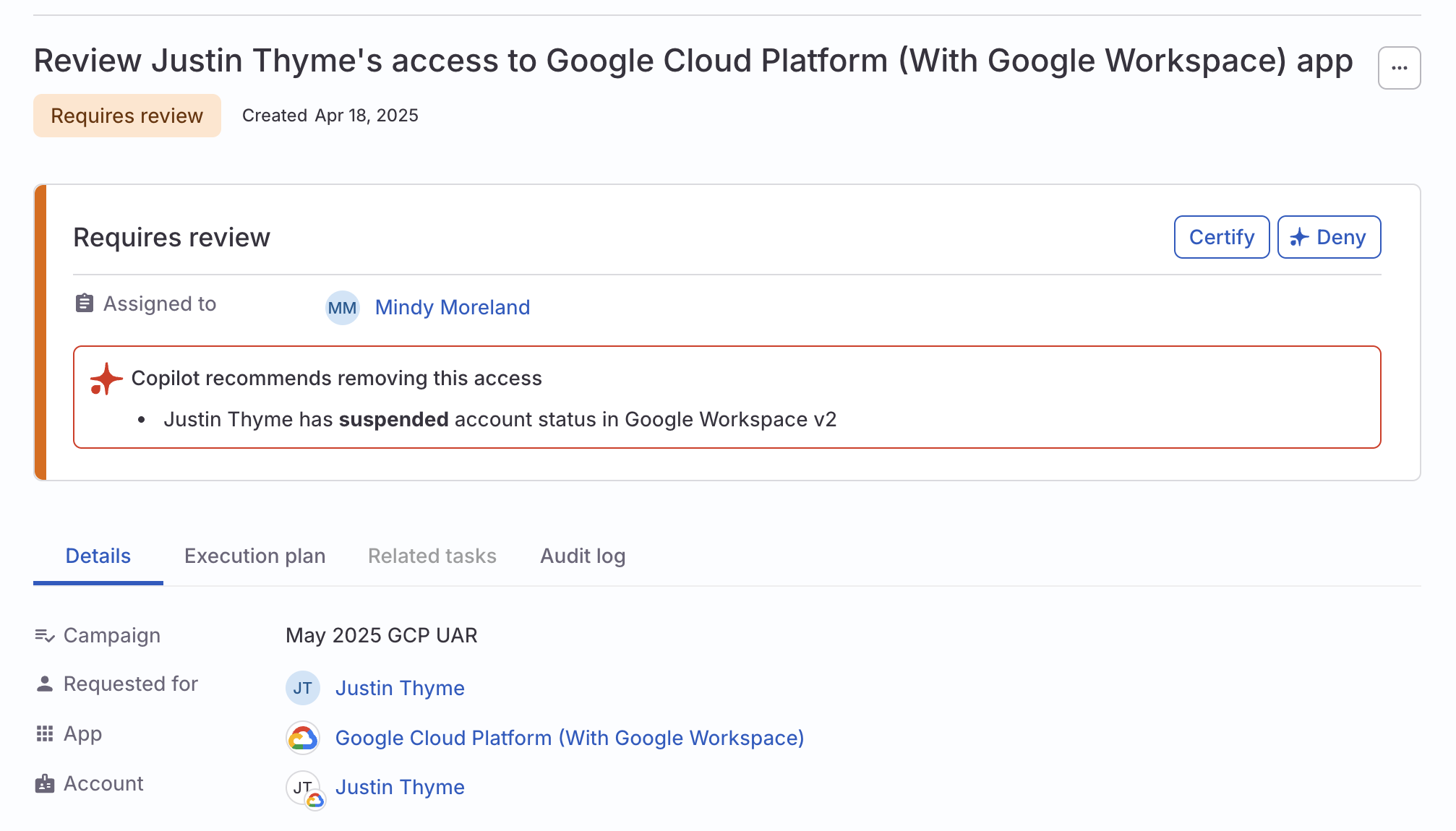A review task's details screen showing a Copilot flag on an insight and a recommendation to remove the access.