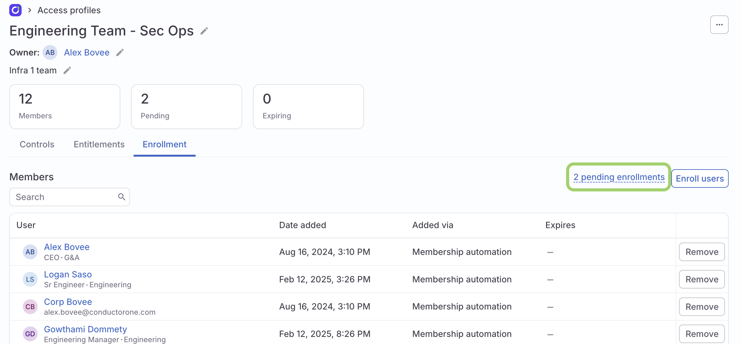 The Enrollment tab, with a green box highlighting the Pending enrollments control.